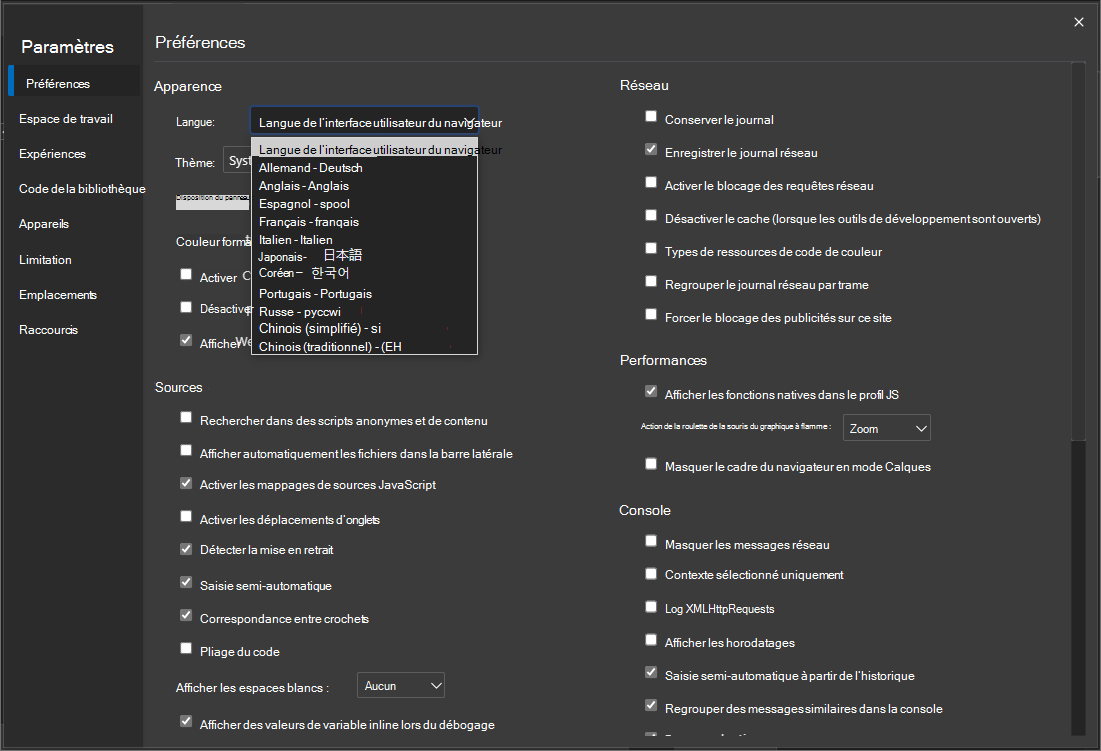 Modification de la langue d’affichage DevTools directement à partir de la page Paramètres DevTools
