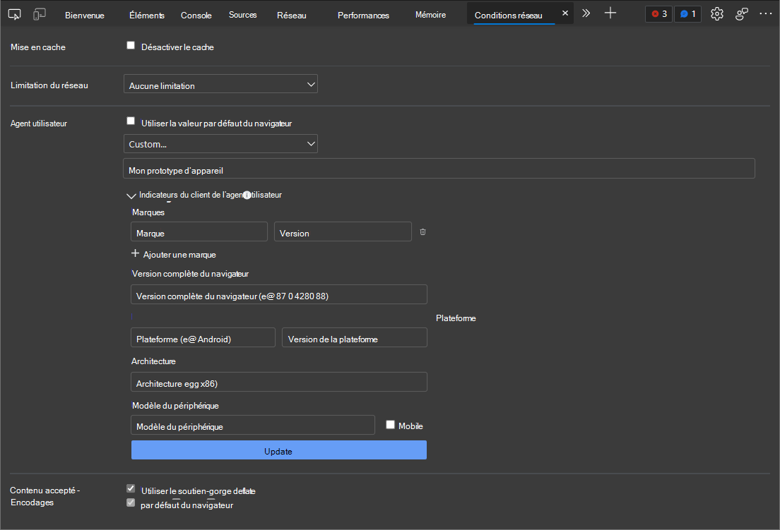 Définition User-Agent indicateurs de client pour un appareil personnalisé dans l’outil Conditions réseau