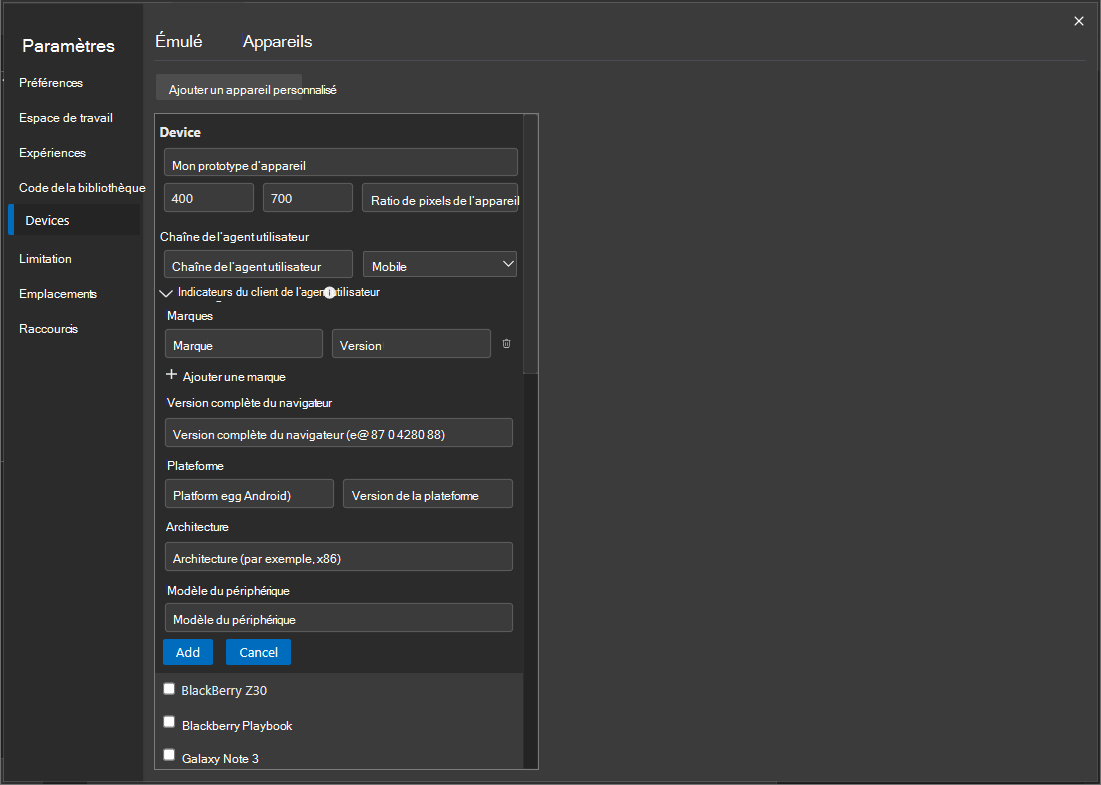 Définition User-Agent indicateurs de client pour un appareil personnalisé dans Paramètres