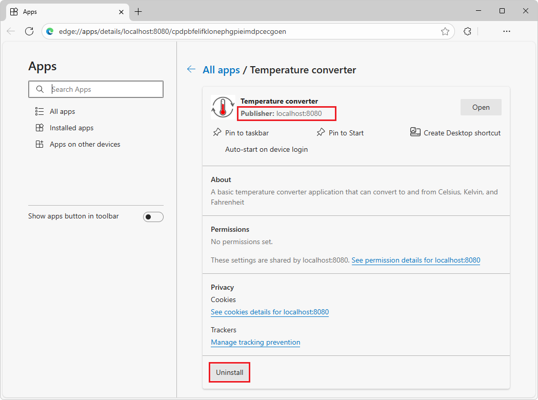 Bouton Désinstaller dans la page Applications de Microsoft Edge
