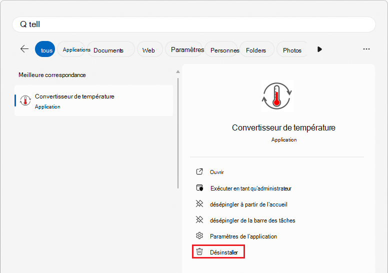 Menu Démarrer de Windows affichant la commande Désinstaller pour l’application