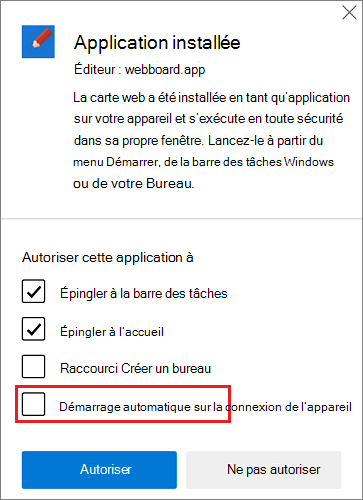 La boîte de dialogue post-installation s’ouvre automatiquement après l’installation d’une application