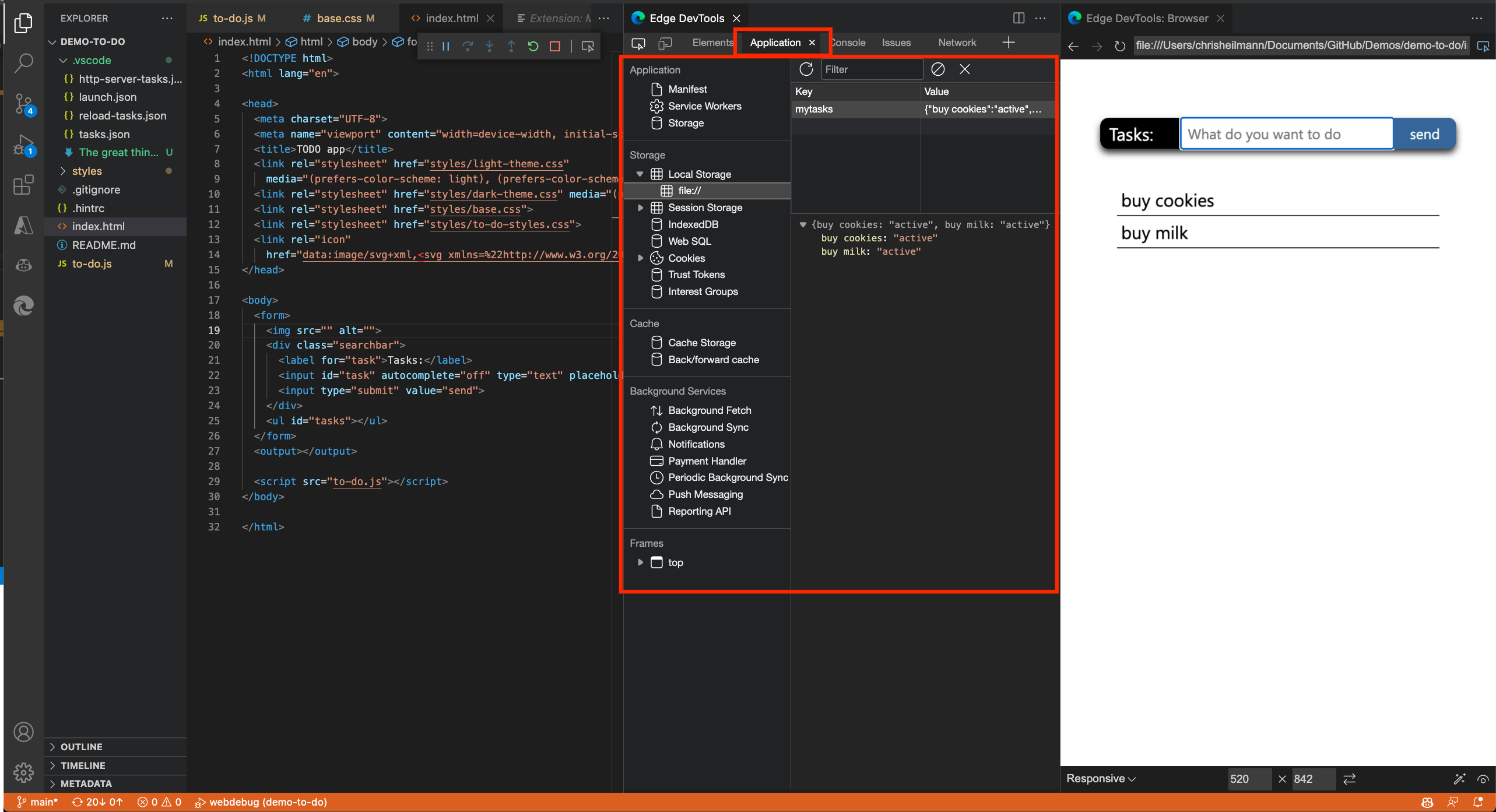 L’outil Application à l’intérieur de l’extension Edge DevTools for Visual Studio Code