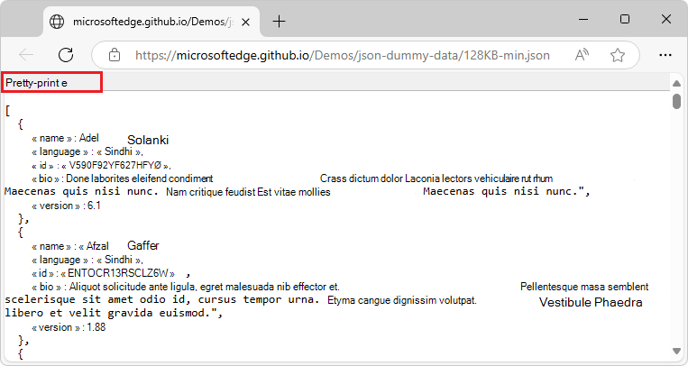 Fichier .json qui est minifié, affiché avec l’option Pretty-print sélectionnée