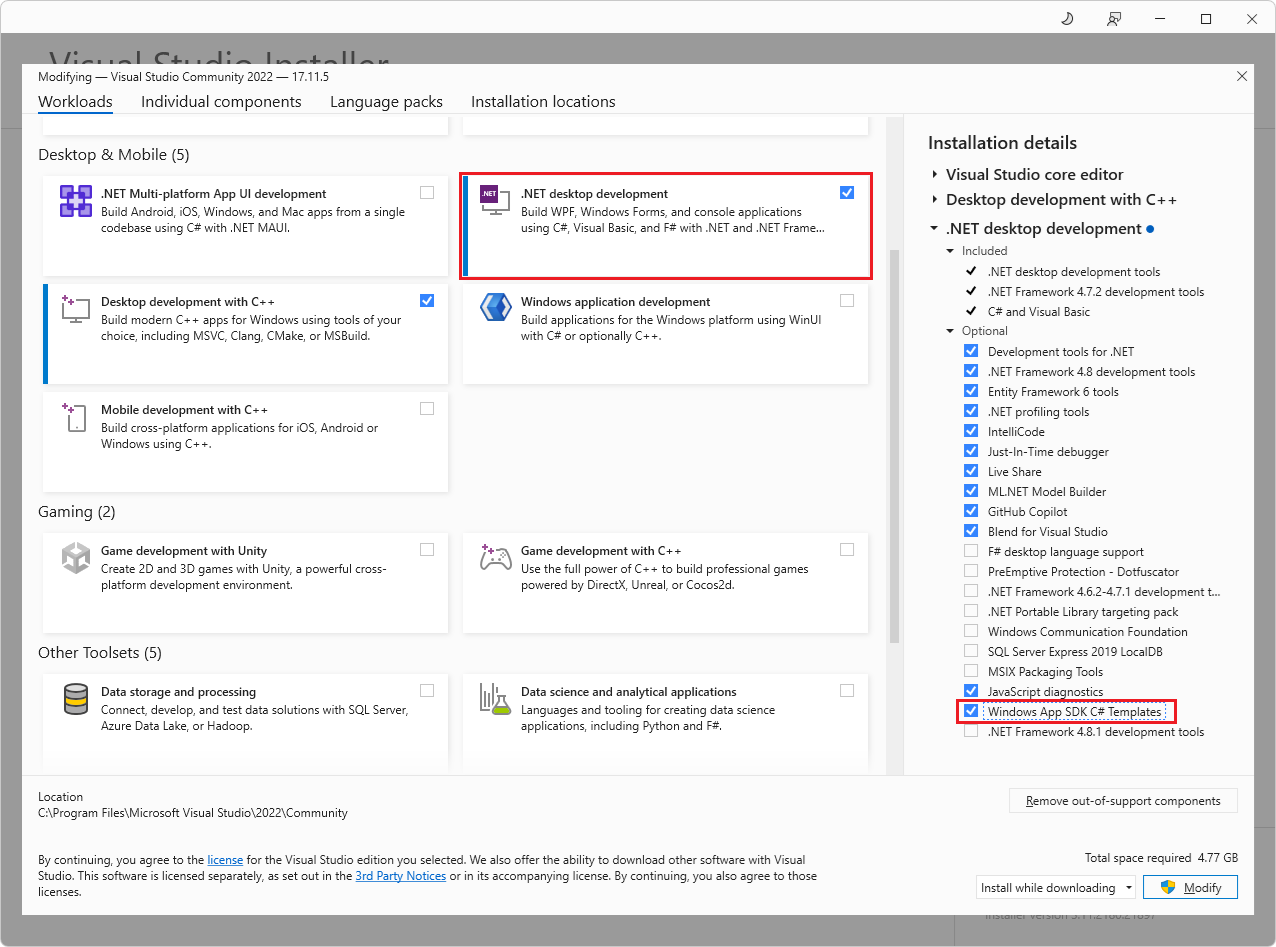 Case à cocher du composant « modèles C# du SDK Windows App » de la charge de travail développement .NET Desktop dans Visual Studio Installer