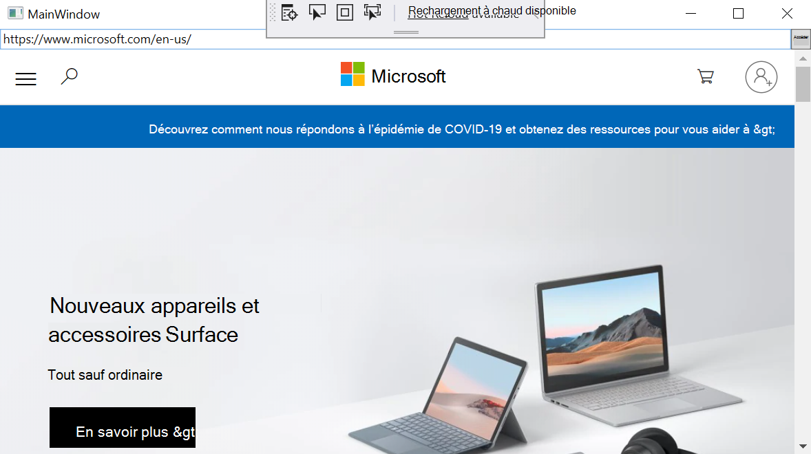 L’exemple d’application affiche l’URI dans la barre d’adresse et le site web Microsoft