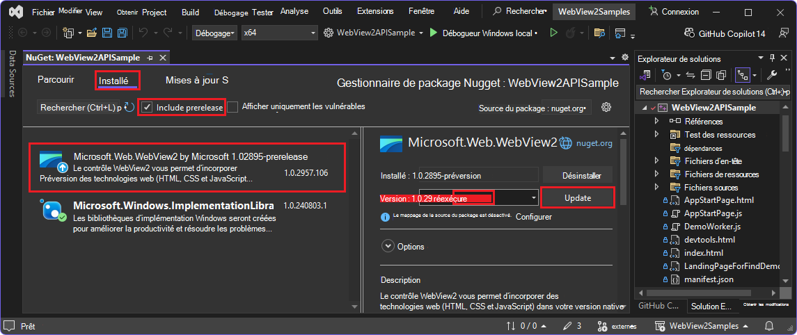Gestionnaire de package NuGet avec la préversion du Kit de développement logiciel (SDK) WebView2 sélectionnée