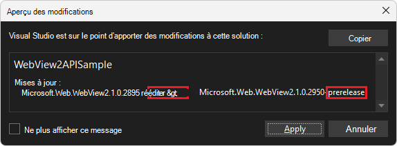 Boîte de dialogue Aperçu des modifications pour le package WebView2 NugGet