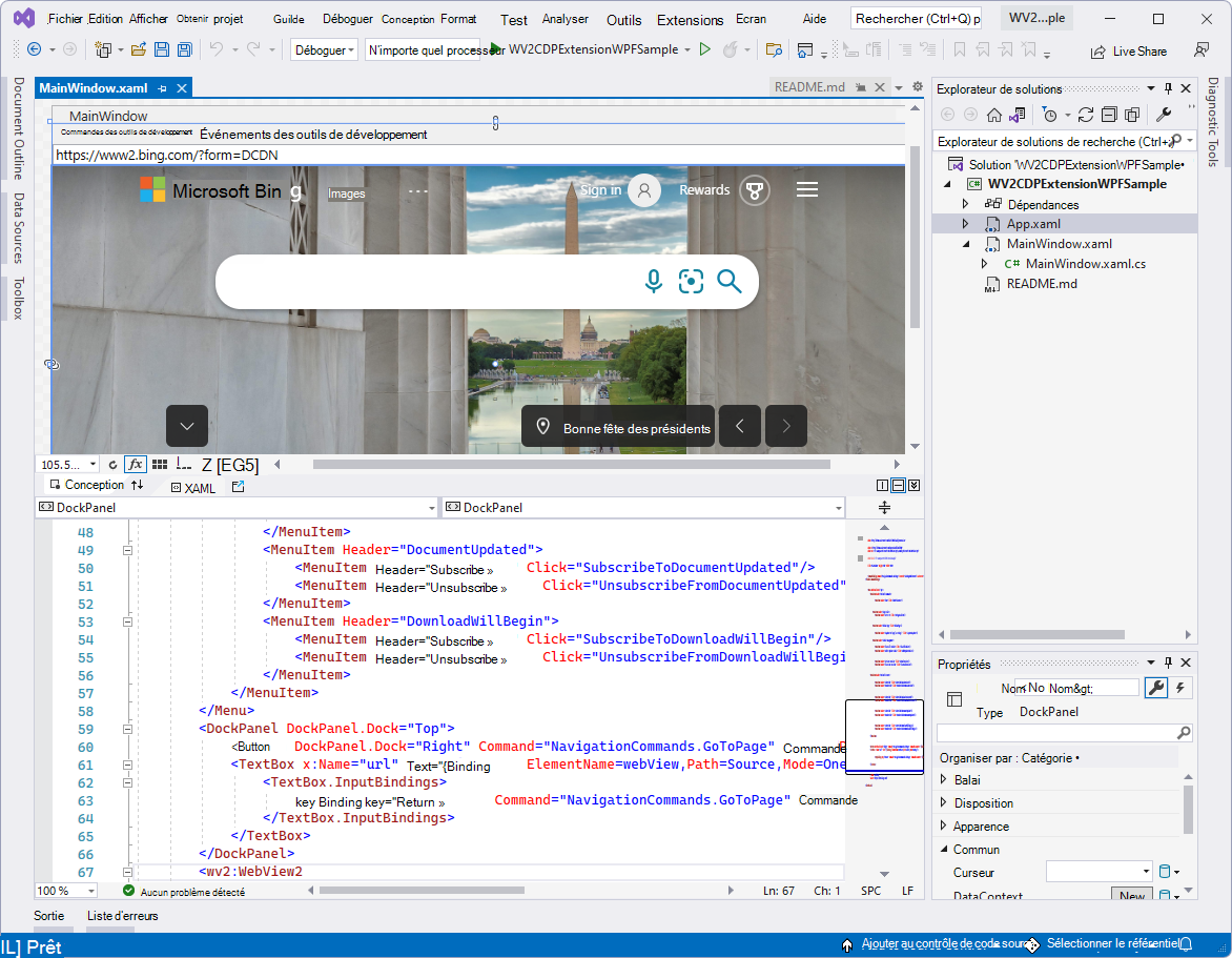 L’exemple WV2CDPExtensionWPFSample ouvert dans Visual Studio dans Explorateur de solutions