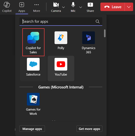 Capture d’écran montrant l’ajout de l’application Copilot for Sales lors de la réunion.