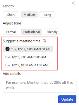 Capture d’écran montrant la sélection de l’heure de réunion.