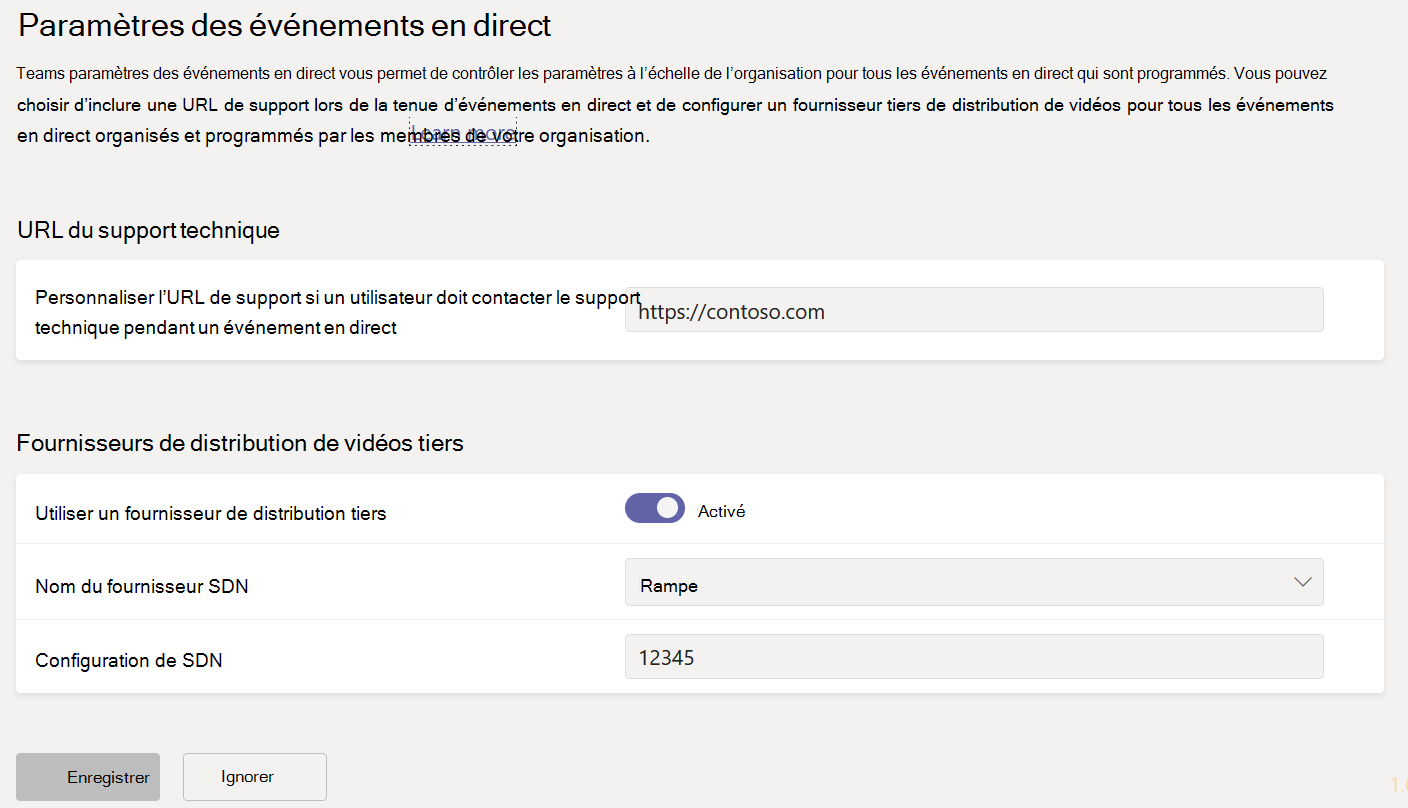 Capture d’écran des paramètres des événements en direct Teams.