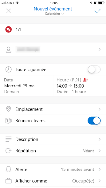 Capture d'écran du complément réunion Teams dans Outlook Mobile.