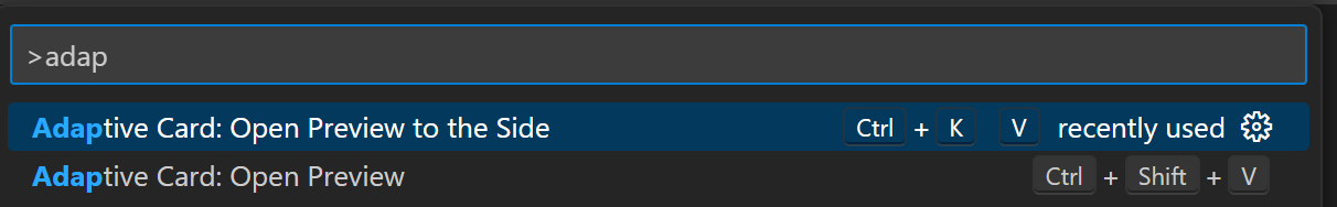 Capture d’écran montrant les options d’aperçu instantané des cartes adaptatives dans l’éditeur Visual Studio Code via CodeLens ou la palette de commandes.