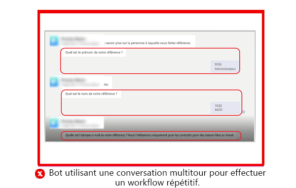 Le graphique montre un exemple de bot utilisant des messages multitours pour terminer une conversation unique.