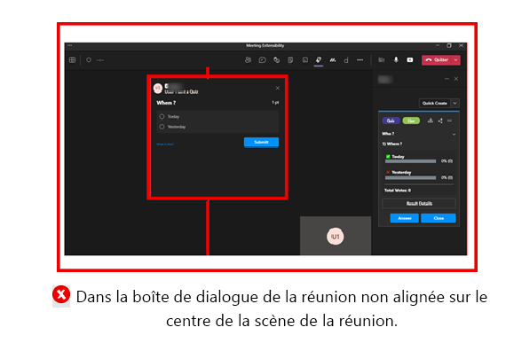 Le graphique montre un exemple de boîte de dialogue en réunion qui ne s’aligne pas sur le centre de la phase de réunion.