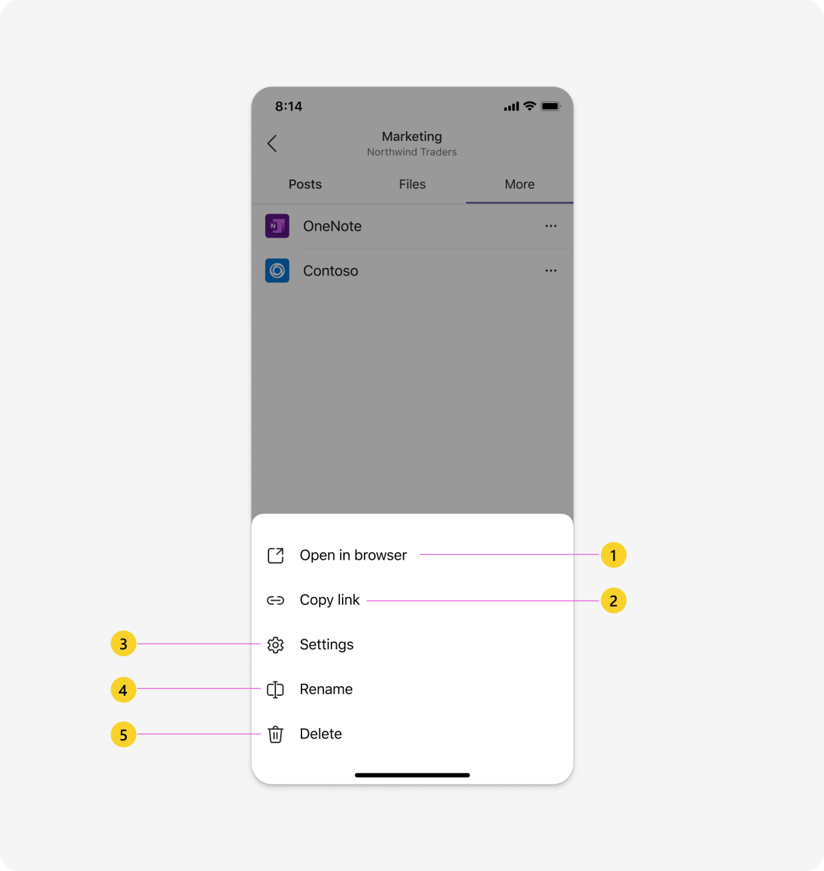 Illustration montrant l’anatomie de l’interface utilisateur d’un menu onglet mobile.