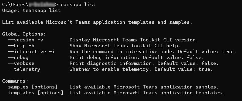 Capture d’écran montrant les commandes teamsapp list.