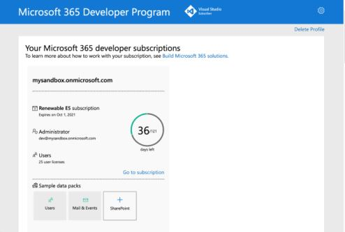 La capture d’écran affiche le Programme pour les développeurs Microsoft 365.
