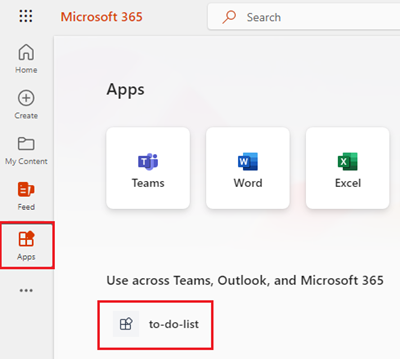 Capture d’écran montrant l’option Applications dans la barre latérale de microsoft365.com pour voir votre application d’onglet installée.