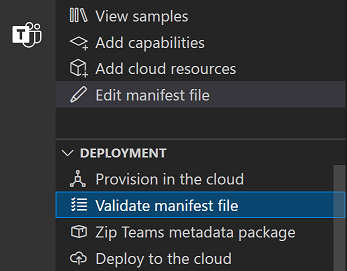 Option « Valider le fichier manifeste » du Kit de ressources Teams sous le menu « Déploiement »