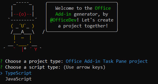 L’interface Yo Office après que l’utilisateur a choisi « Projet du volet Office De complément Office » à la question précédente. Il affiche l’invite de langage et les réponses possibles, TypeScript et JavaScript, dans le générateur Yeoman.