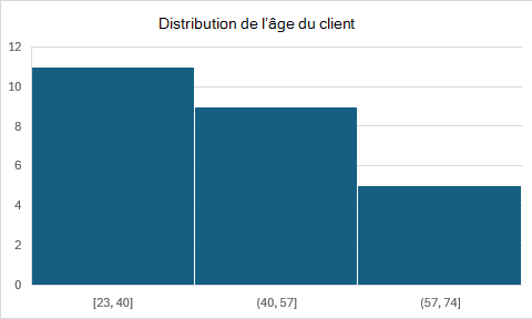 Histogramme montrant la répartition de l’âge des clients avec des plages de compartiments déterminées automatiquement.