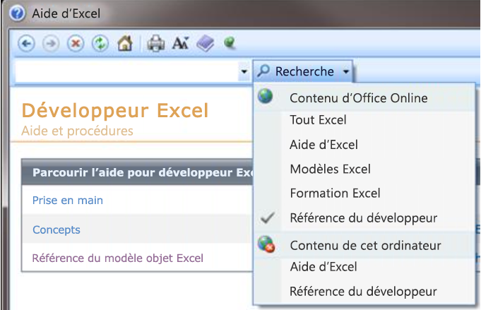 Le filtrage de l’Aide du développeur s’applique à toutes les applications Office