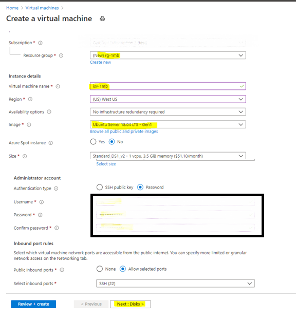 Capture d’écran montrant la page Créer une machine virtuelle avec le bouton « Suivant : Commande des disques » en évidence.