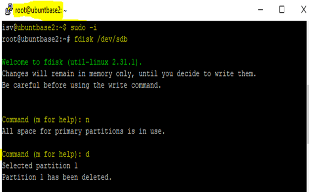 Capture d’écran de la ligne de commande du client Putty montrant les commandes permettant de supprimer les partitions existantes.