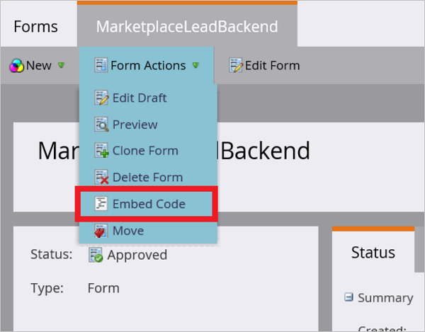 Capture d’écran montrant l’écran Code incorporé Marketo.