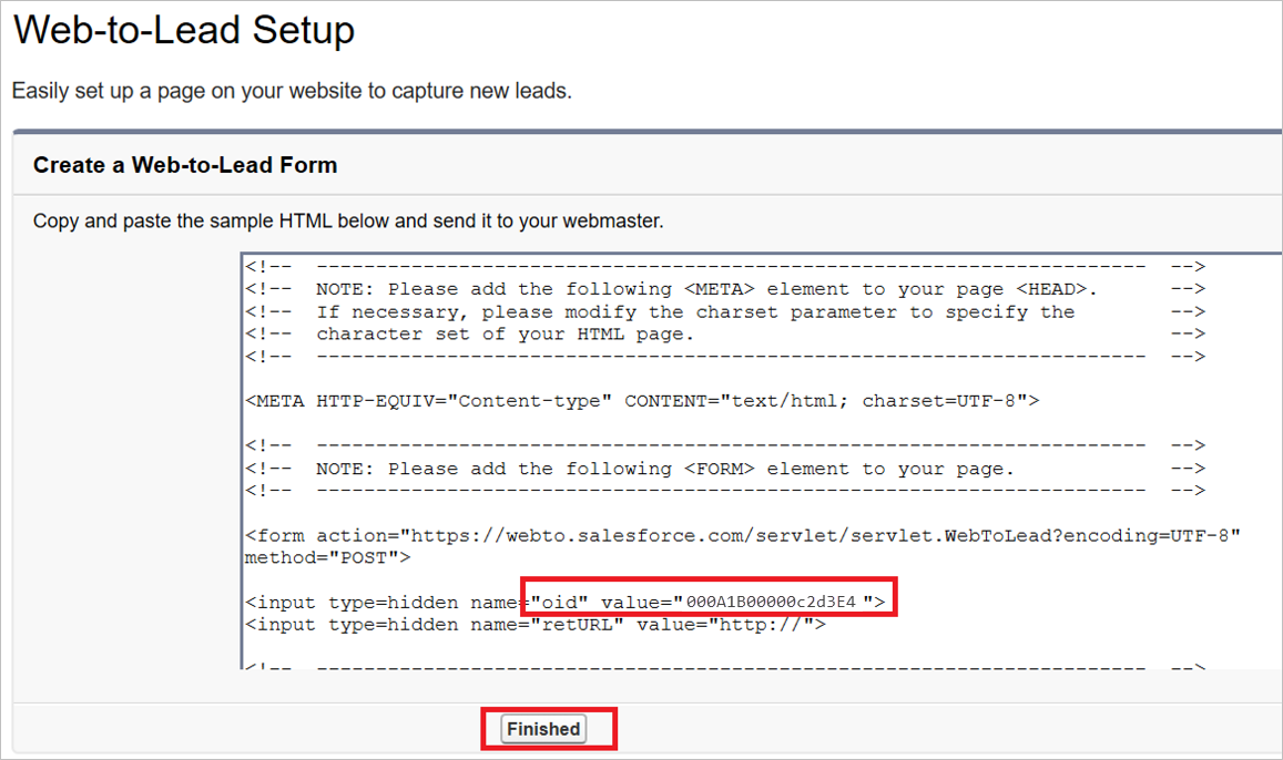 Salesforce Créez un formulaire web-à-prospect montrant la valeur oid HTML.