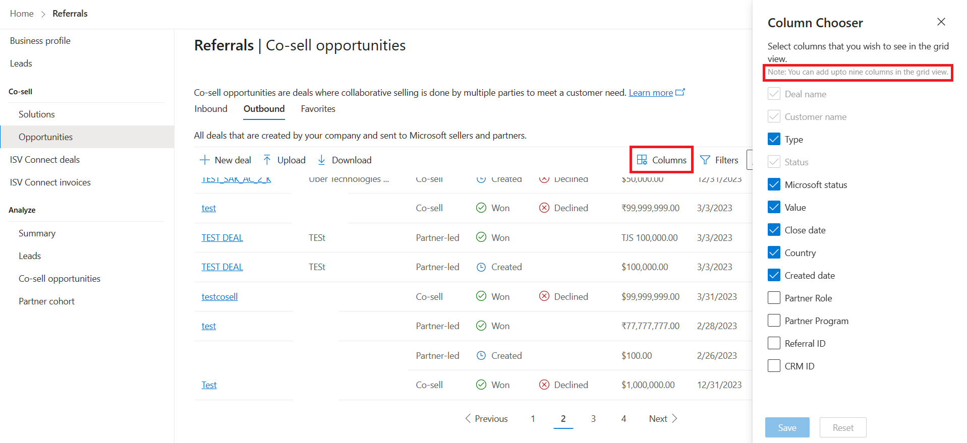 Capture d’écran du sélecteur de colonnes.
