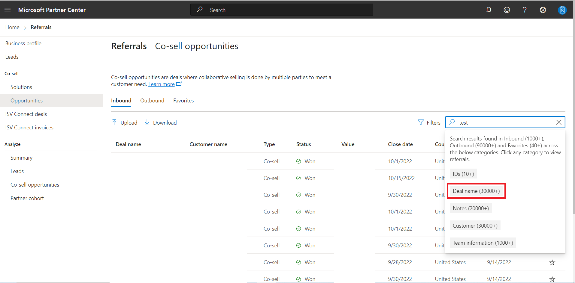 Capture d’écran de la page de recherche avec filtre de nom de transaction.