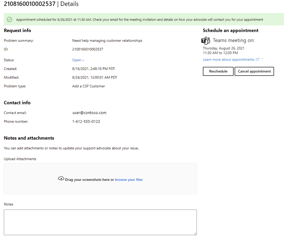 Capture d’écran montrant un ticket existant avec des informations de rendez-vous planifiées.