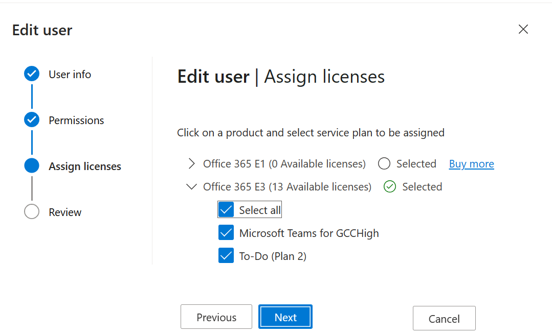 Capture d’écran de la page Modifier l’utilisateur - Attribuer des licences.