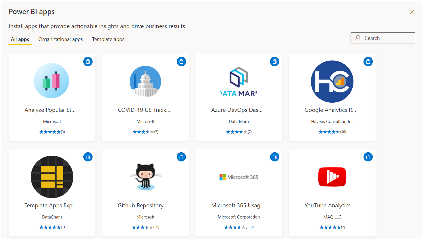 Capture d’écran de la Place de marché des applications dans Power BI.