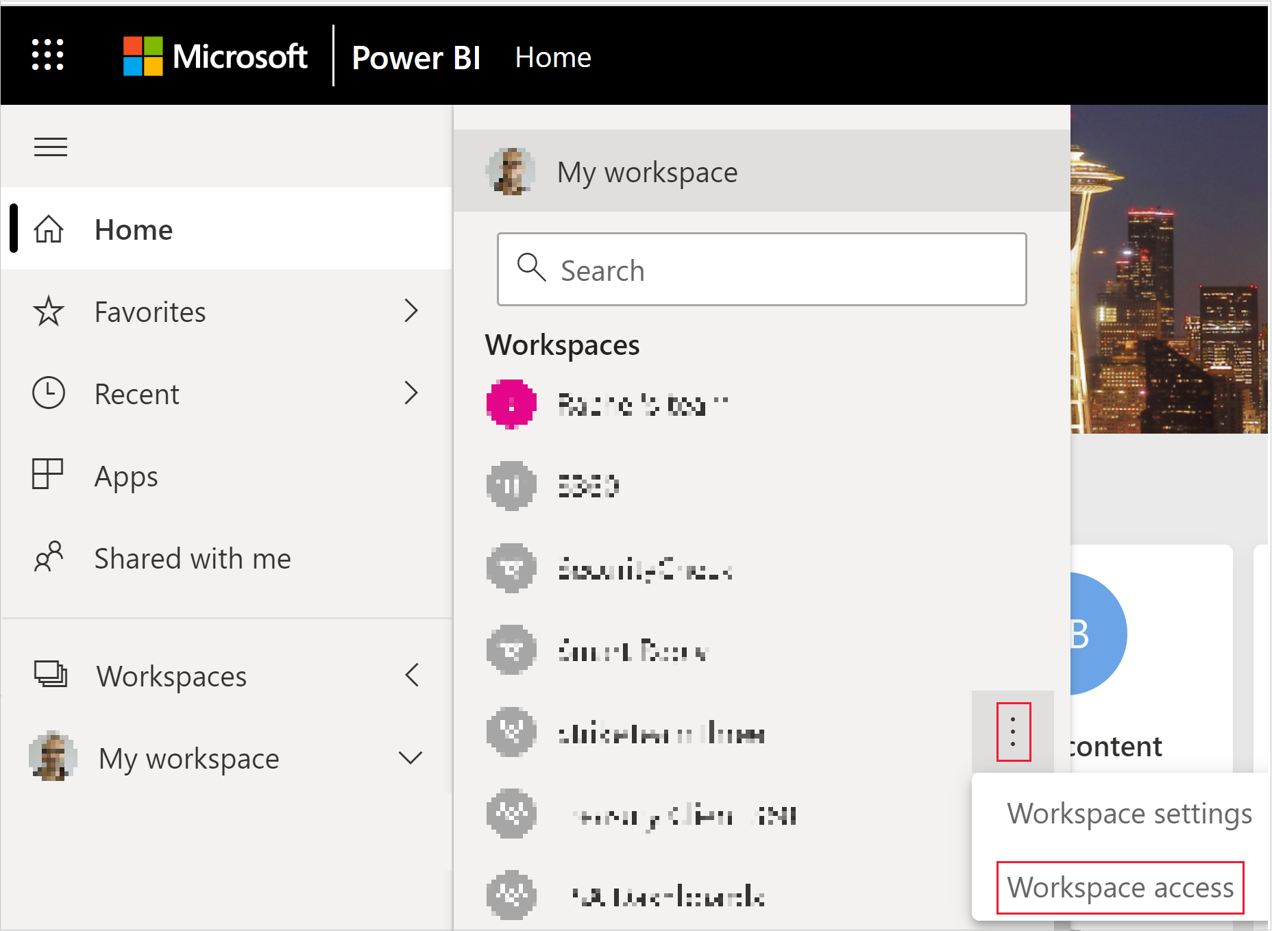 Capture d’écran montrant le bouton d’accès à l’espace de travail dans le menu Plus d’un espace de travail Power&nbsp;BI.