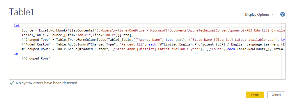 Capture d’écran de la boîte de dialogue Éditeur avancé avec un exemple de formule.