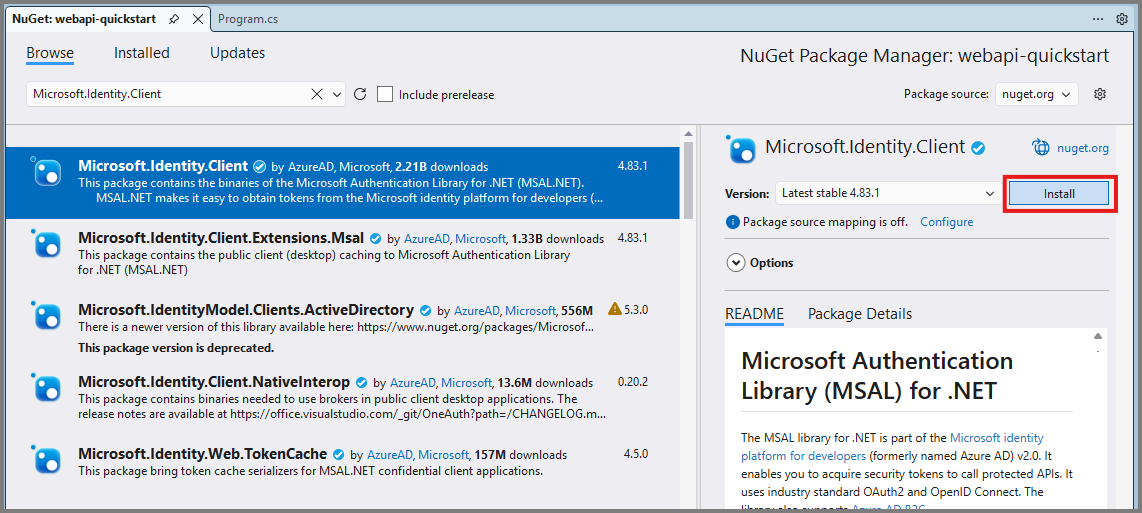 Installer le package d’authentification (MSAL)