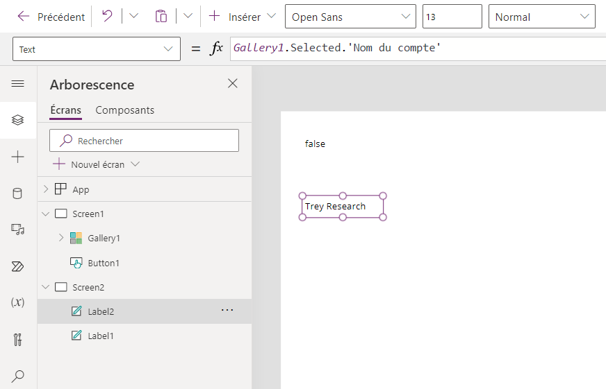 Capture d'écran de Power Apps Studio montrant un contrôle référencé.