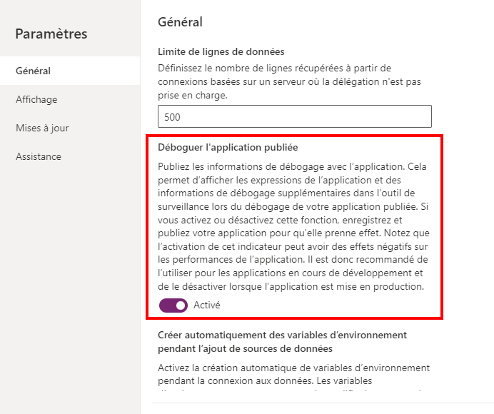 Capture d’écran de la boîte de dialogue Paramètres avec l’option Débogage de l’application publiée activée.