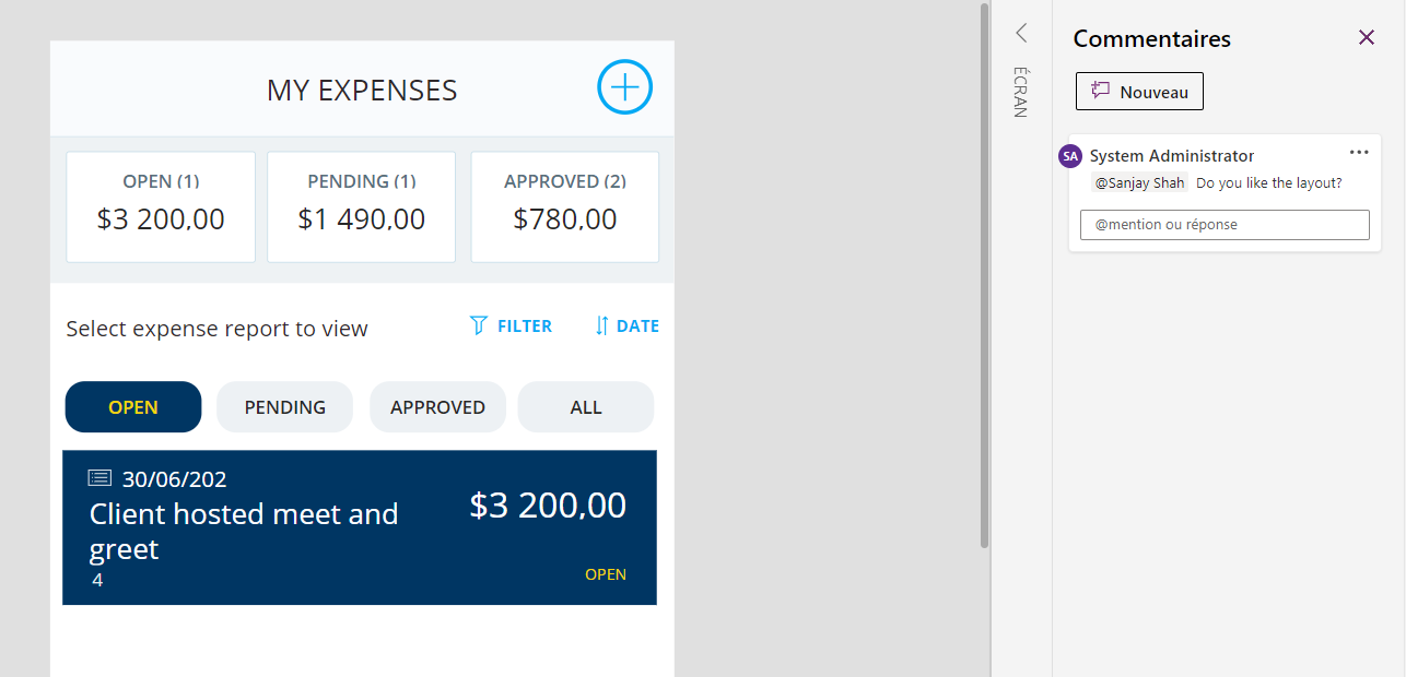 Capture d’écran d’une application expenses montrant une personne mentionnée avec @ dans un commentaire.