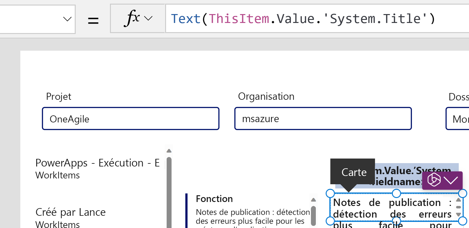 Contrôle Saisie de texte faisant référence au titre de l’élément de travail. Ce contrôle Saisie de texte fait référence au titre de l’élément de travail.