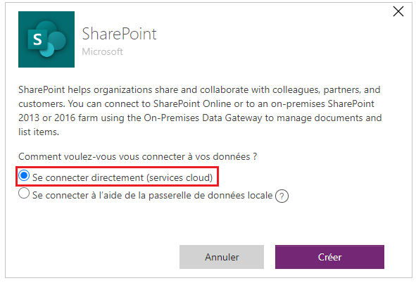 Se connecter à un site Pour se connecter à SharePoint Online, sélectionnez Se connecter directement (services cloud).