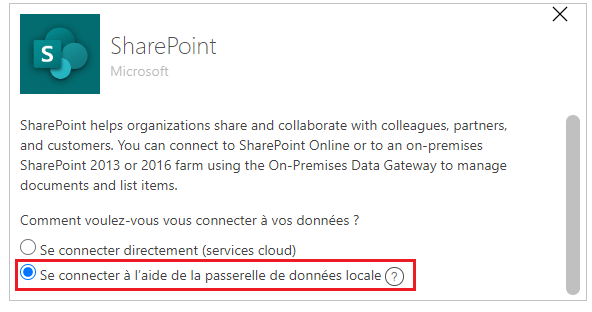 Créer une connexion à un site local Pour se connecter à un site local, sélectionnez **Se connecter à l’aide d’une passerelle de données locale).