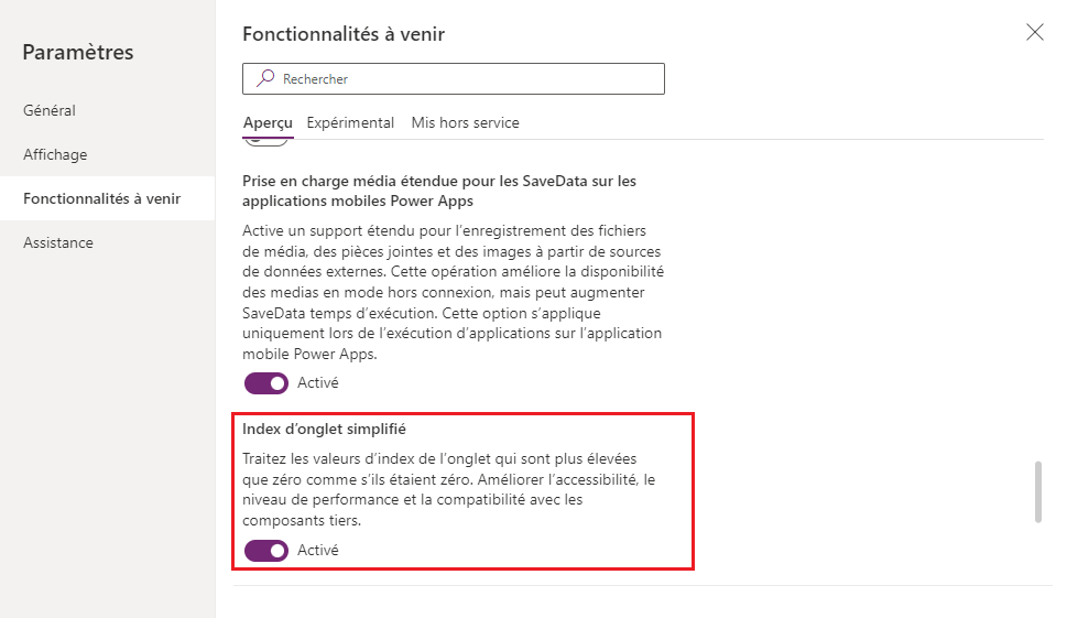 Activation de la fonctionnalité d’application d’index d’onglets simplifiés.