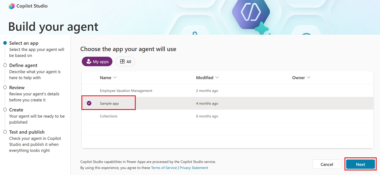 Sélectionnez une application, puis sélectionnez Suivant