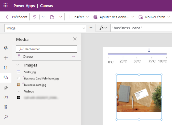 Exemple de Power Apps Studio avec une bibliothèque et un multimédia ajoutés.