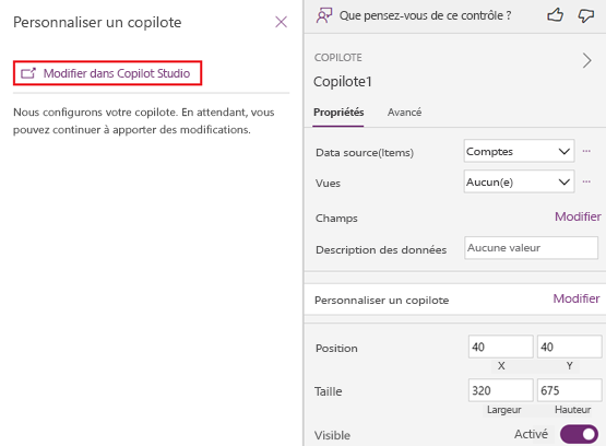 Capture d’écran du volet des propriétés du contrôle Copilot, avec les boutons Modifier et Modifier dans Copilot Studio mis en surbrillance.